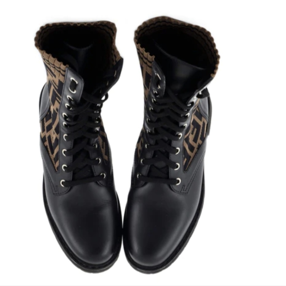 Fendi Women's Rockoko Combat Boots Leather and Zucca Knit Stretch Fabric Size 39
